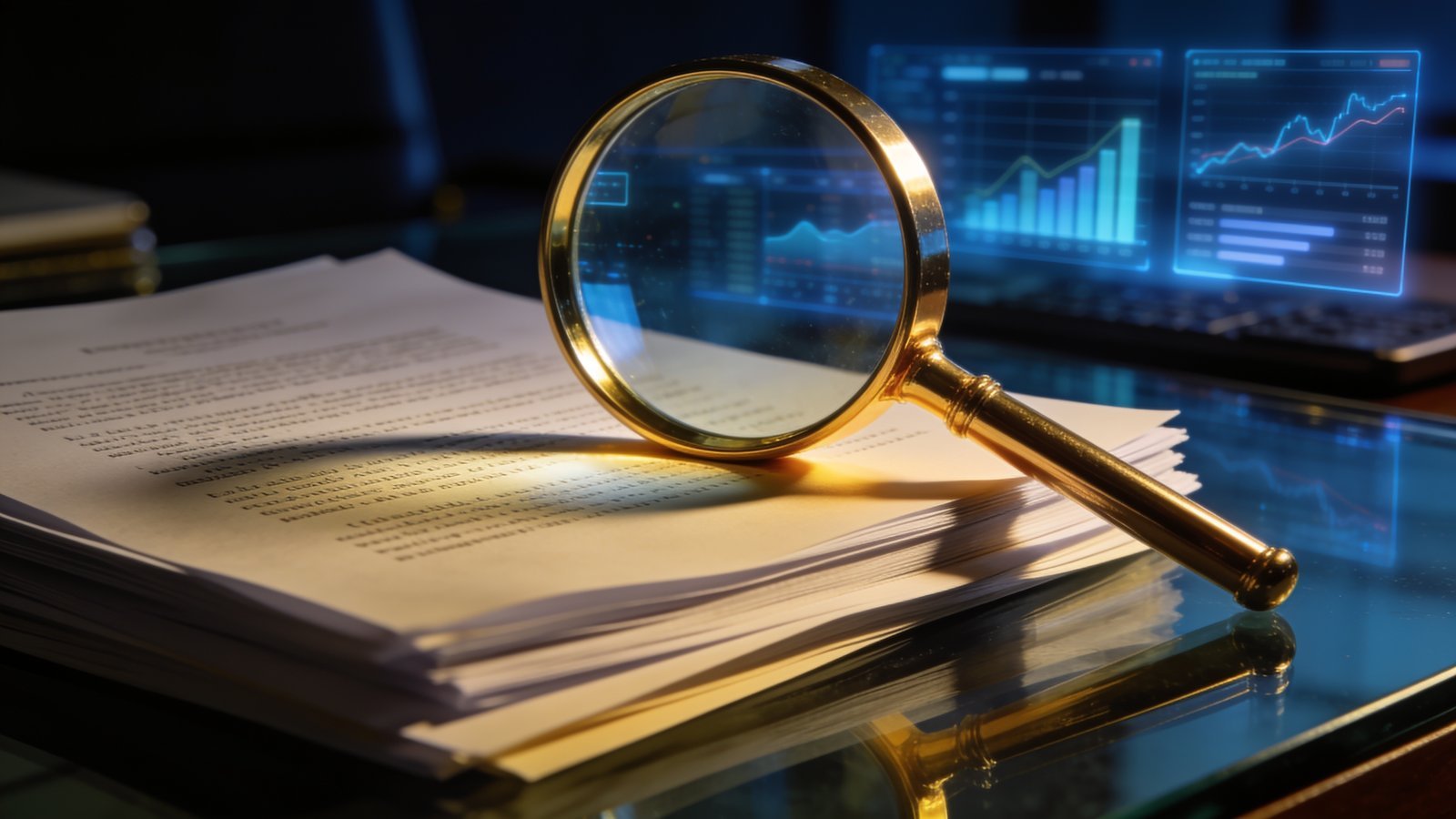 Documentos de cristal y oro escaneados por un haz de luz azul, representando la auditoría contractual automatizada con RAG, en la identidad visual de Sistematix AI