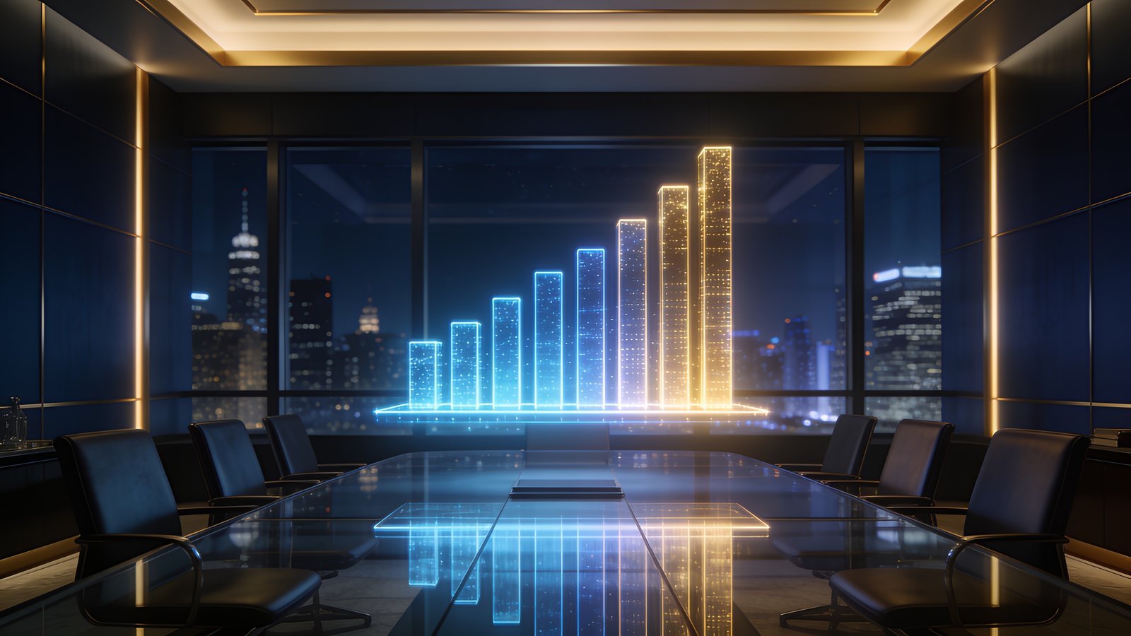 Panel de barras de cristal y oro representando el monitoreo de inversiones y CAPEX en tiempo real, en la identidad visual de Sistematix AI