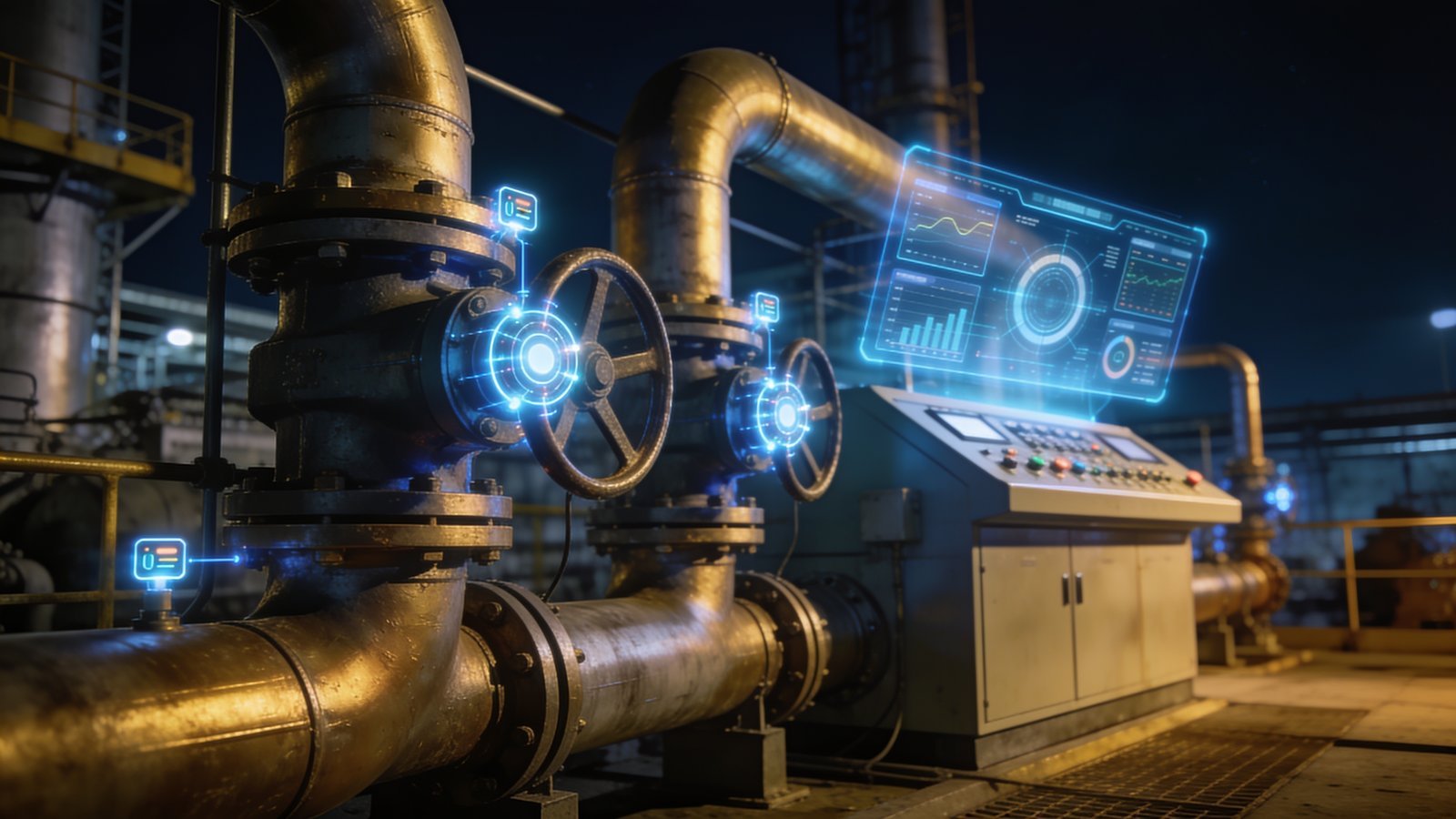 Red de energía y agua en cristal y oro representando la orquestación de eficiencia operativa para utilities, en la identidad visual de Sistematix AI