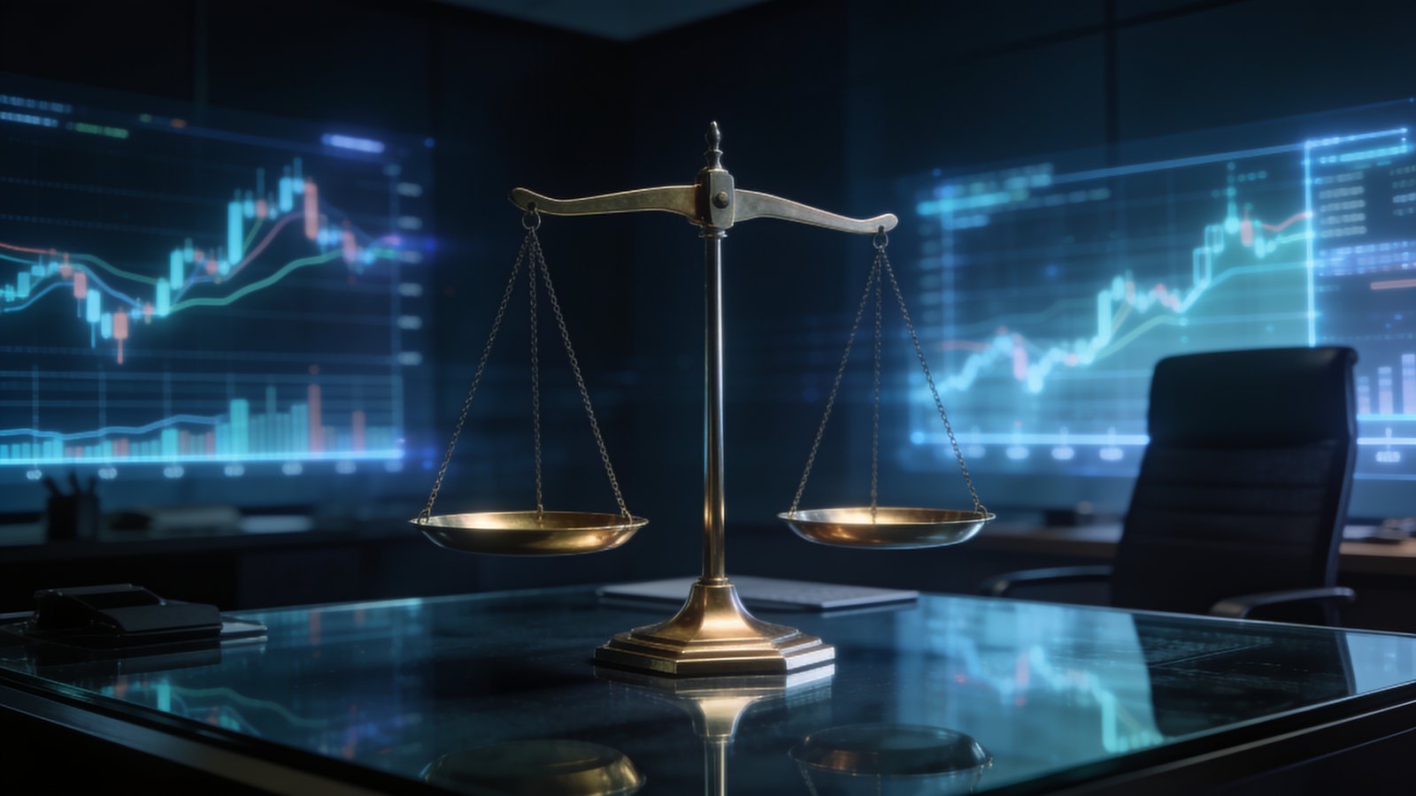 Balanza de precisión en cristal y oro representando la auditoría de negocio con evidencia, en la identidad visual de Sistematix AI
