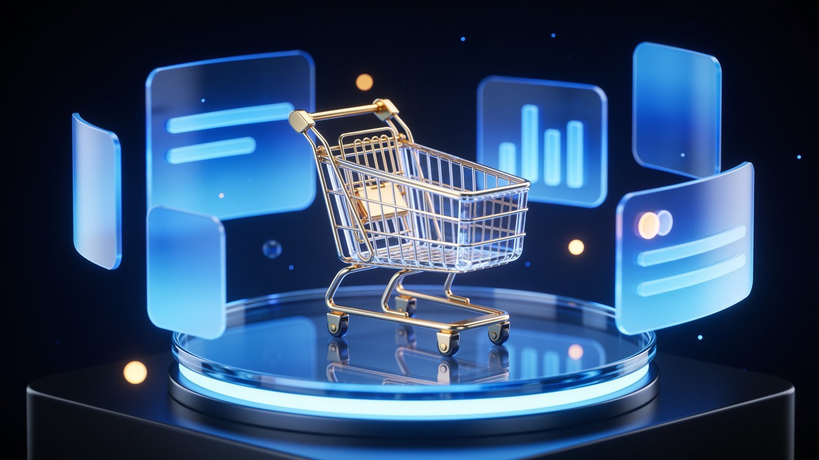 Carrito de compra en cristal y oro representando la auditoría de e-commerce, en la identidad visual de Sistematix AI